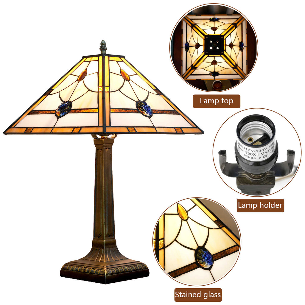 Amber Beige Stained Glass Table Lamp with Bronze Base