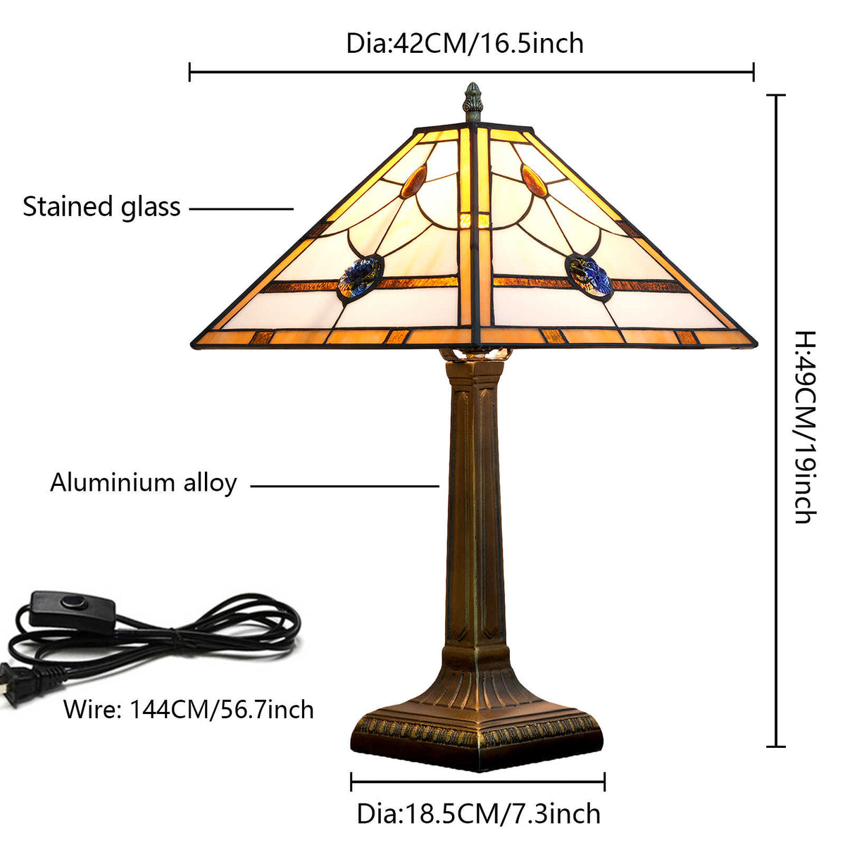 Amber Beige Stained Glass Table Lamp with Bronze Base
