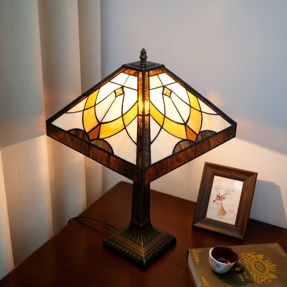 Antique Bronze Geometric Stained Glass Table Lamp