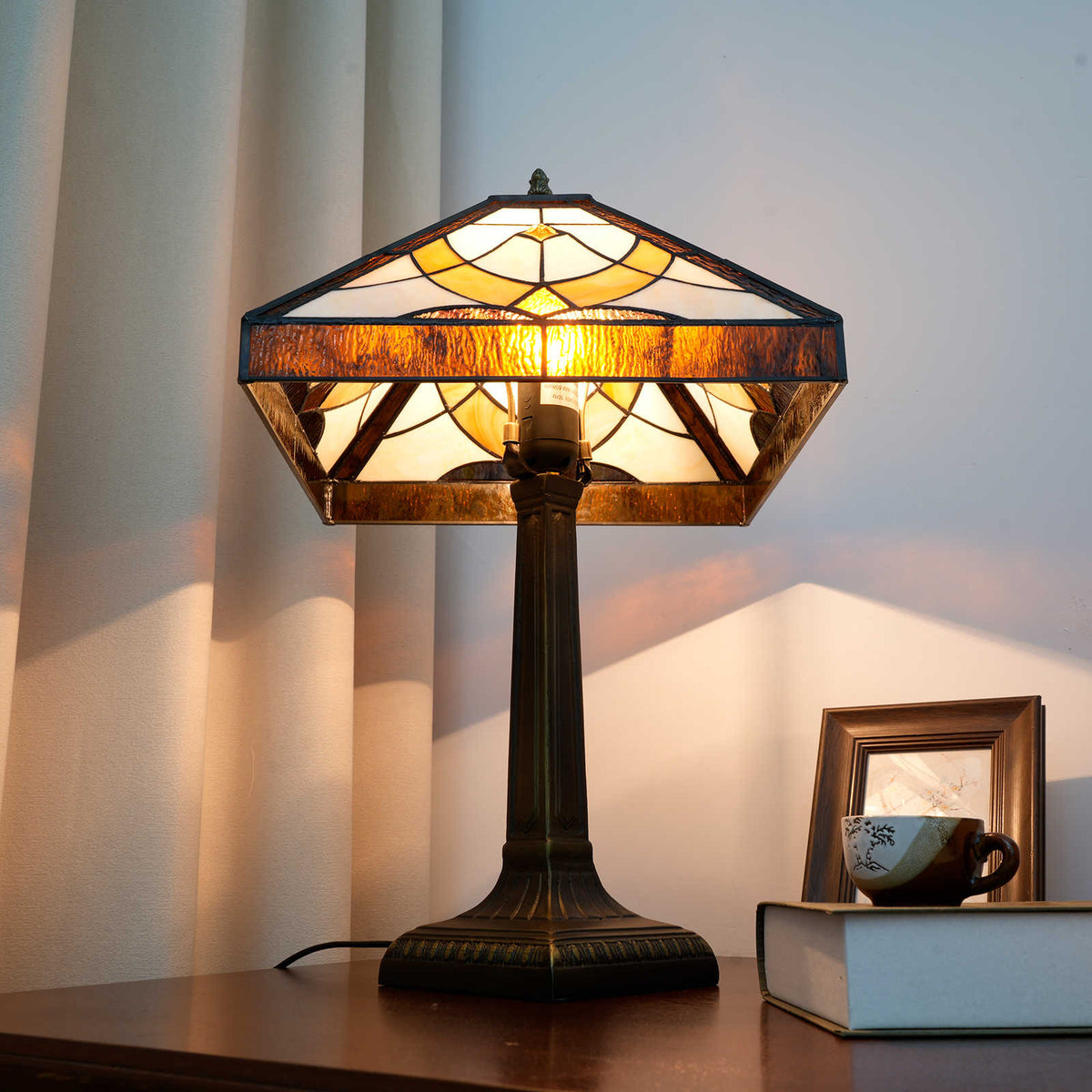 Antique Bronze Geometric Stained Glass Table Lamp