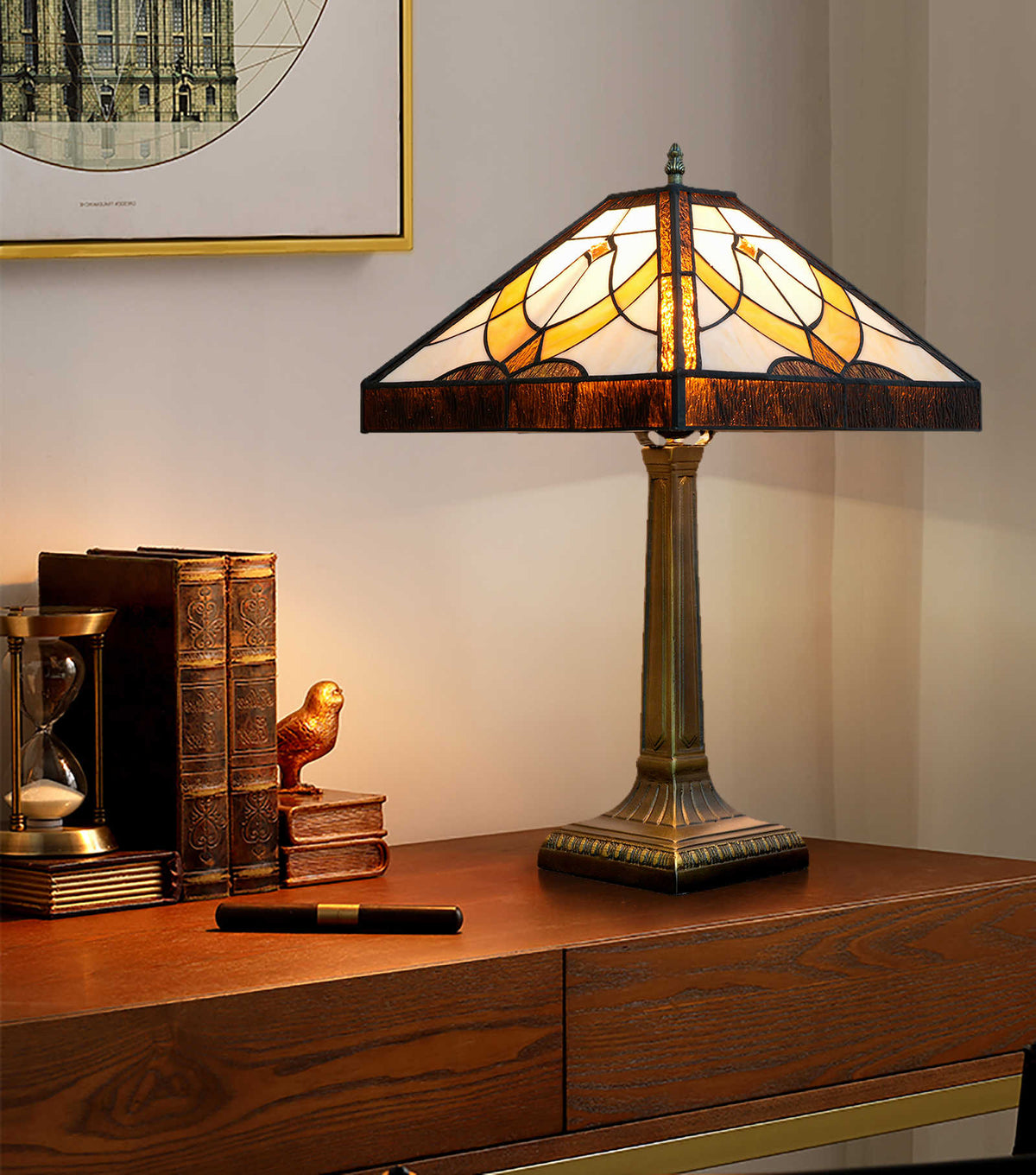 Antique Bronze Geometric Stained Glass Table Lamp
