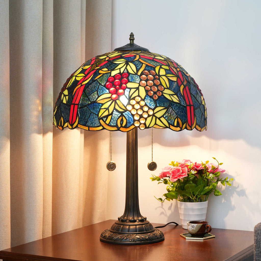 Tiffany-style Fruit Table Lamp in Glass and Copper