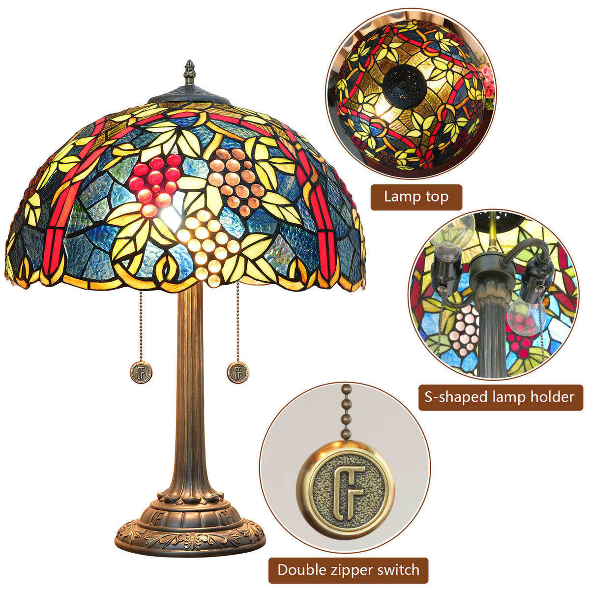 Tiffany-style Fruit Table Lamp in Glass and Copper
