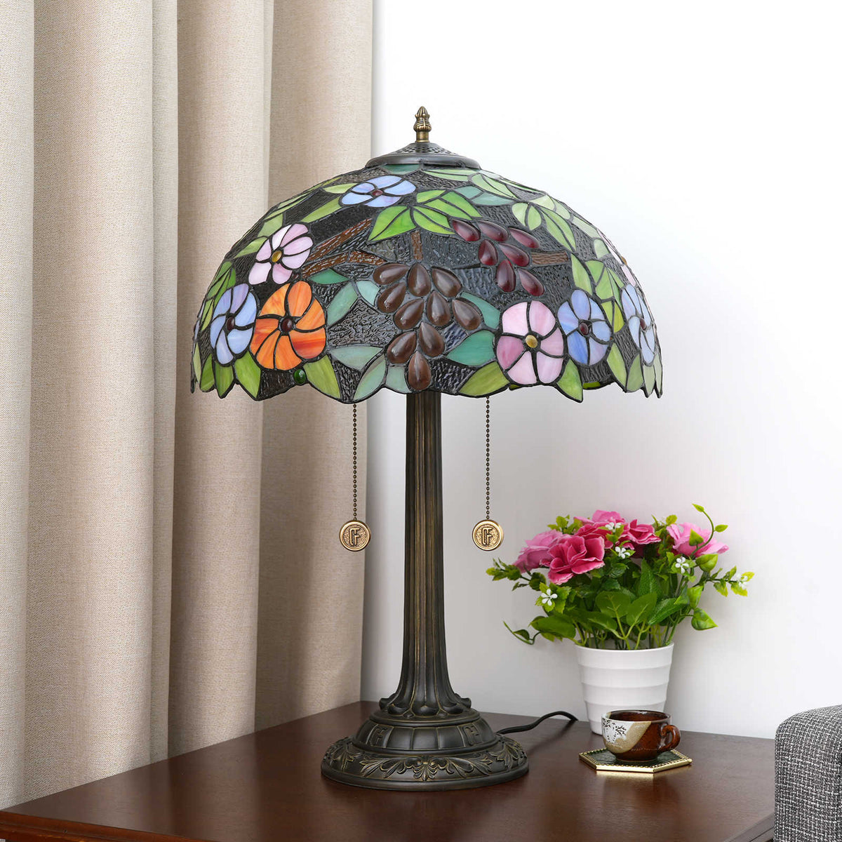 Tiffany Floral Stained Glass Table Lamp with Bronze Base