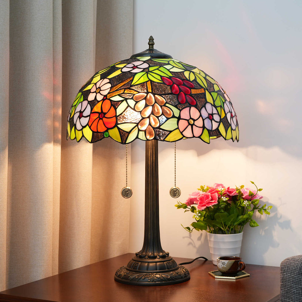 Tiffany Floral Stained Glass Table Lamp with Bronze Base
