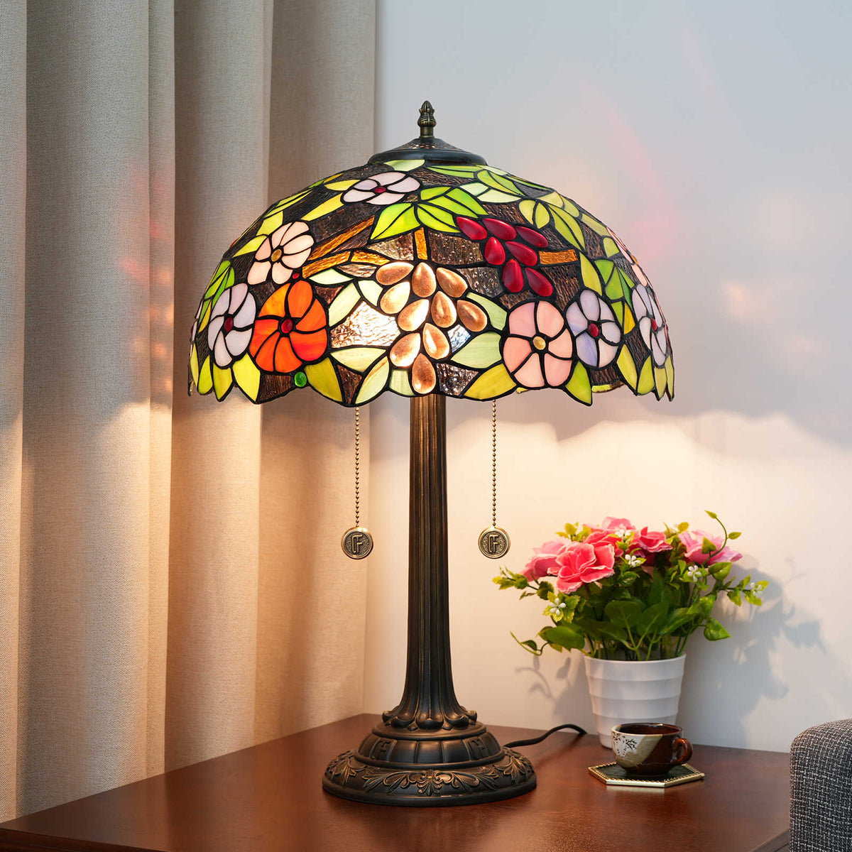 Tiffany Floral Stained Glass Table Lamp with Bronze Base