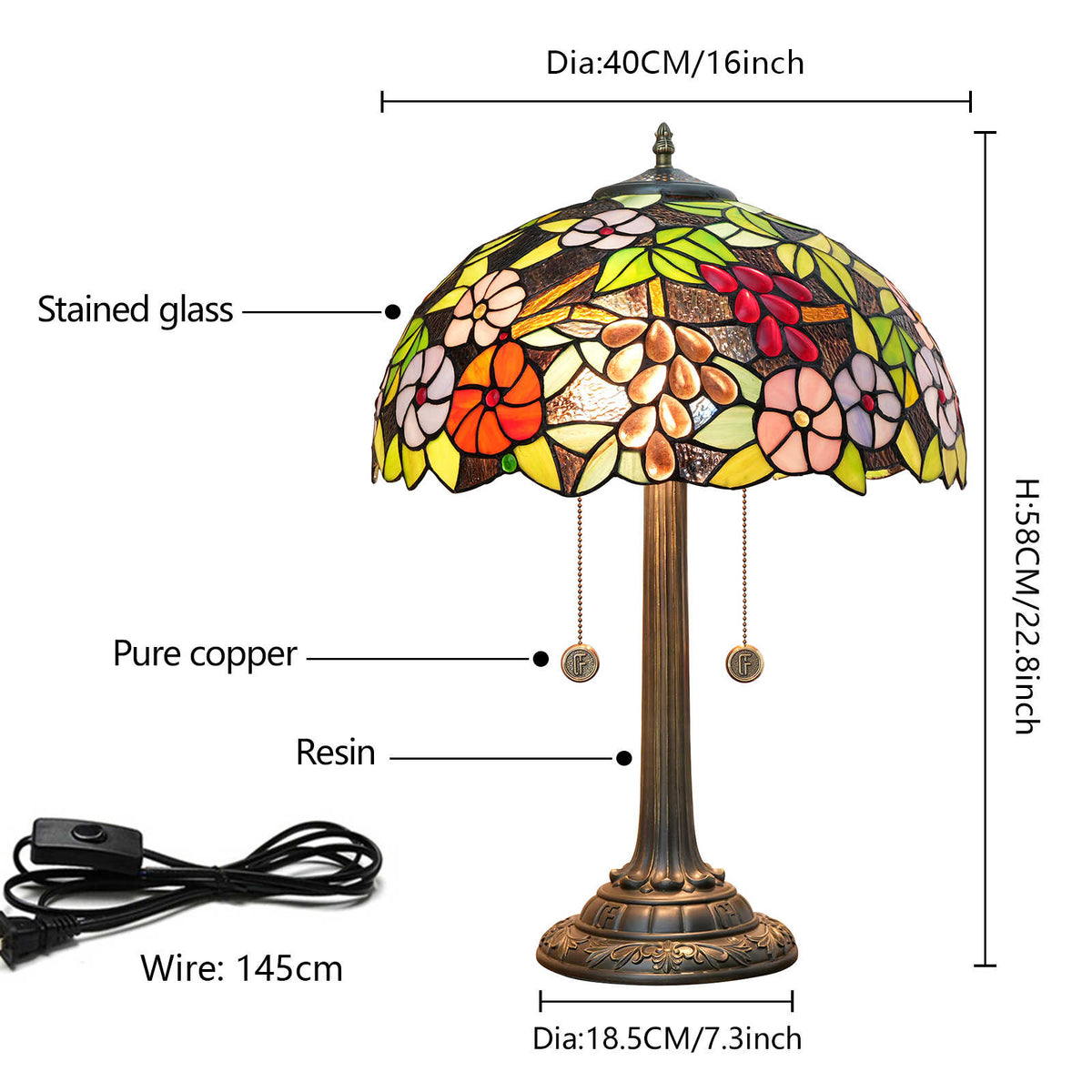 Tiffany Floral Stained Glass Table Lamp with Bronze Base