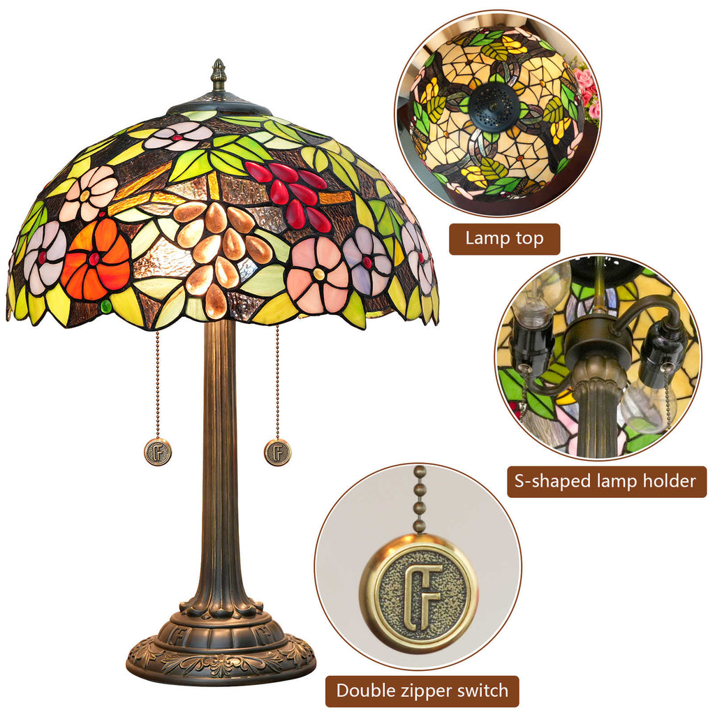 Tiffany Floral Stained Glass Table Lamp with Bronze Base