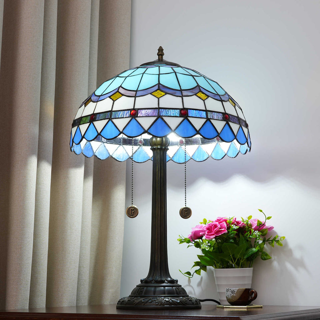 Tiffany Table Lamp in Blue and White Stained Glass