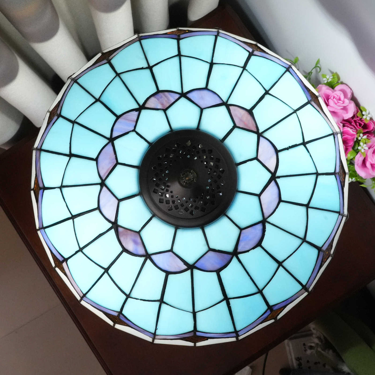 Tiffany Table Lamp in Blue and White Stained Glass
