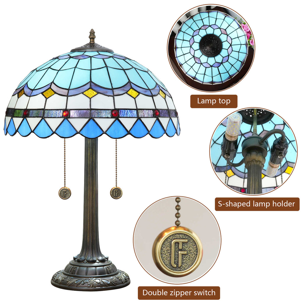Tiffany Table Lamp in Blue and White Stained Glass