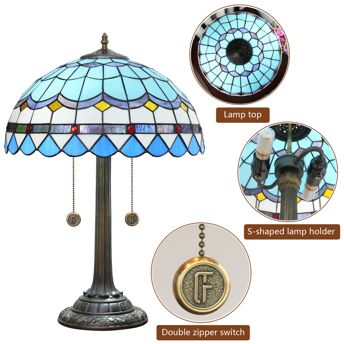 Tiffany Table Lamp in Blue and White Stained Glass