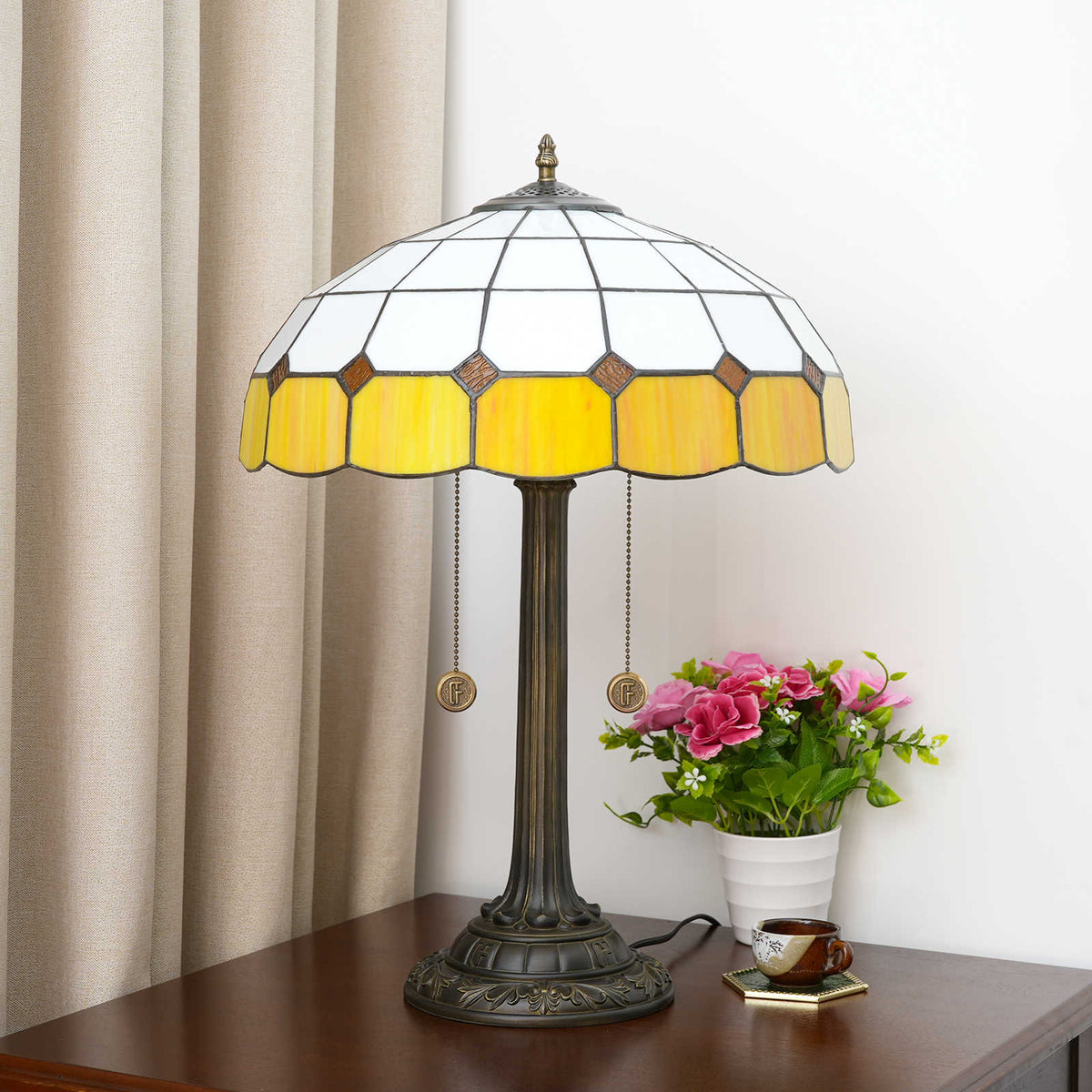 Tiffany Table Lamp in Amber and Cream Stained Glass