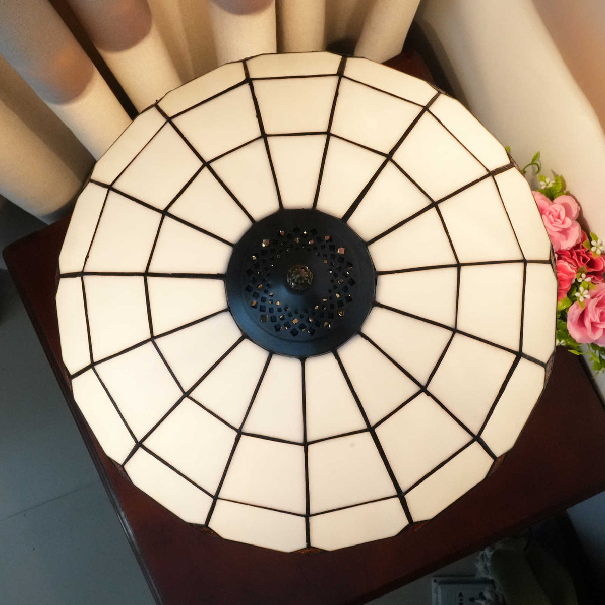 Tiffany Table Lamp in Amber and Cream Stained Glass