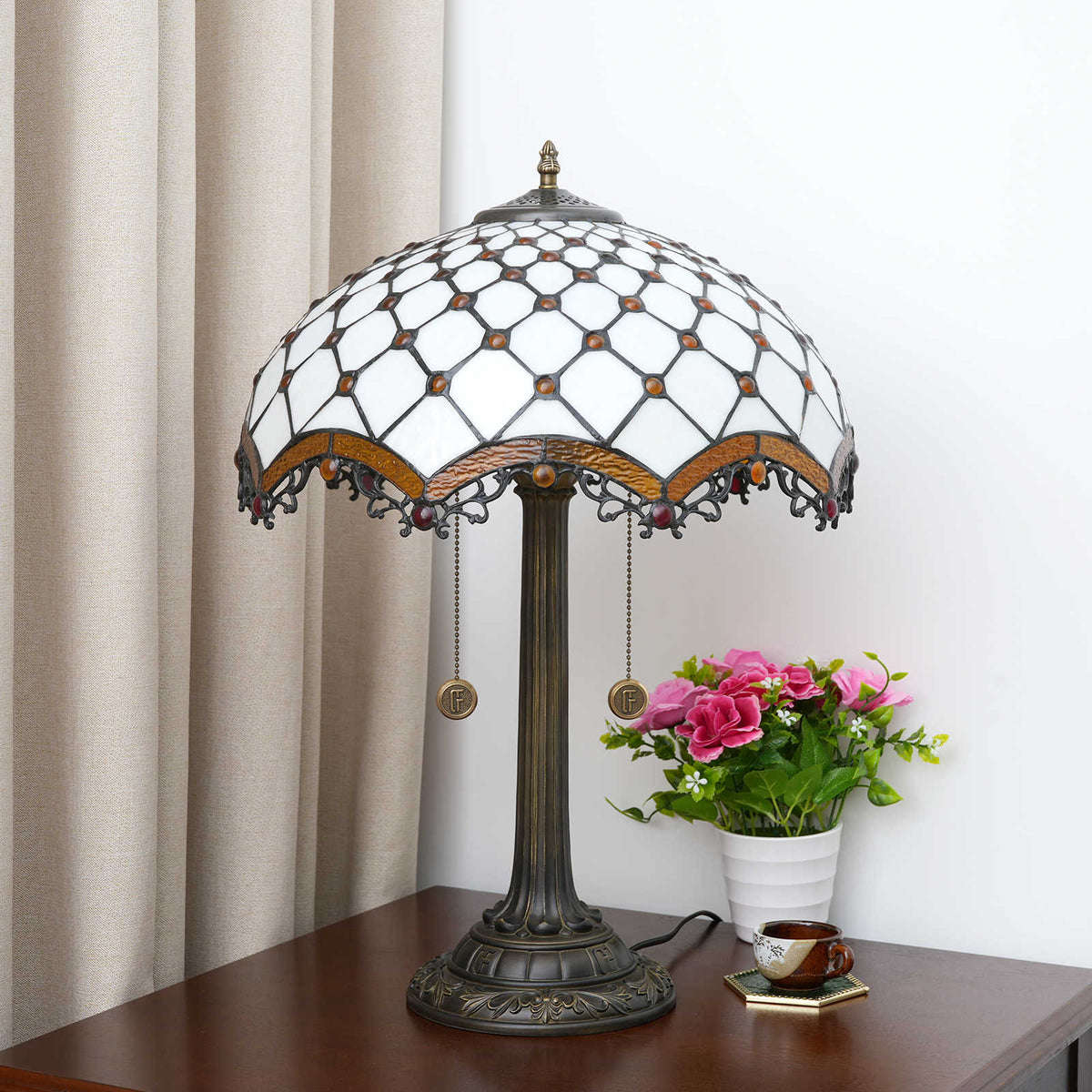 Amber and Red Tiffany Stained Glass Dome Table Lamp