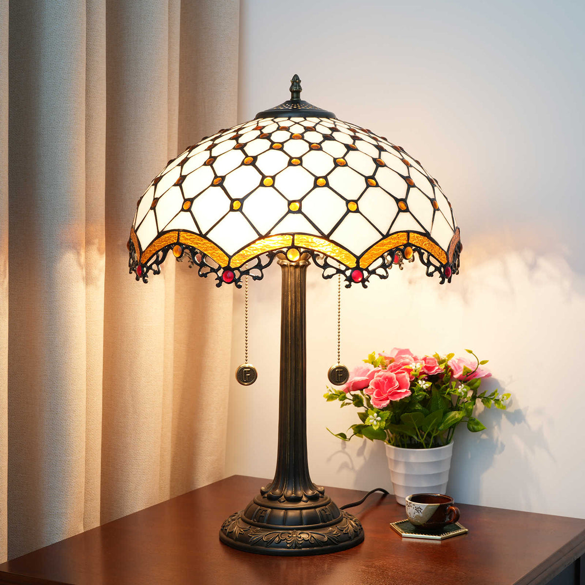 Amber and Red Tiffany Stained Glass Dome Table Lamp