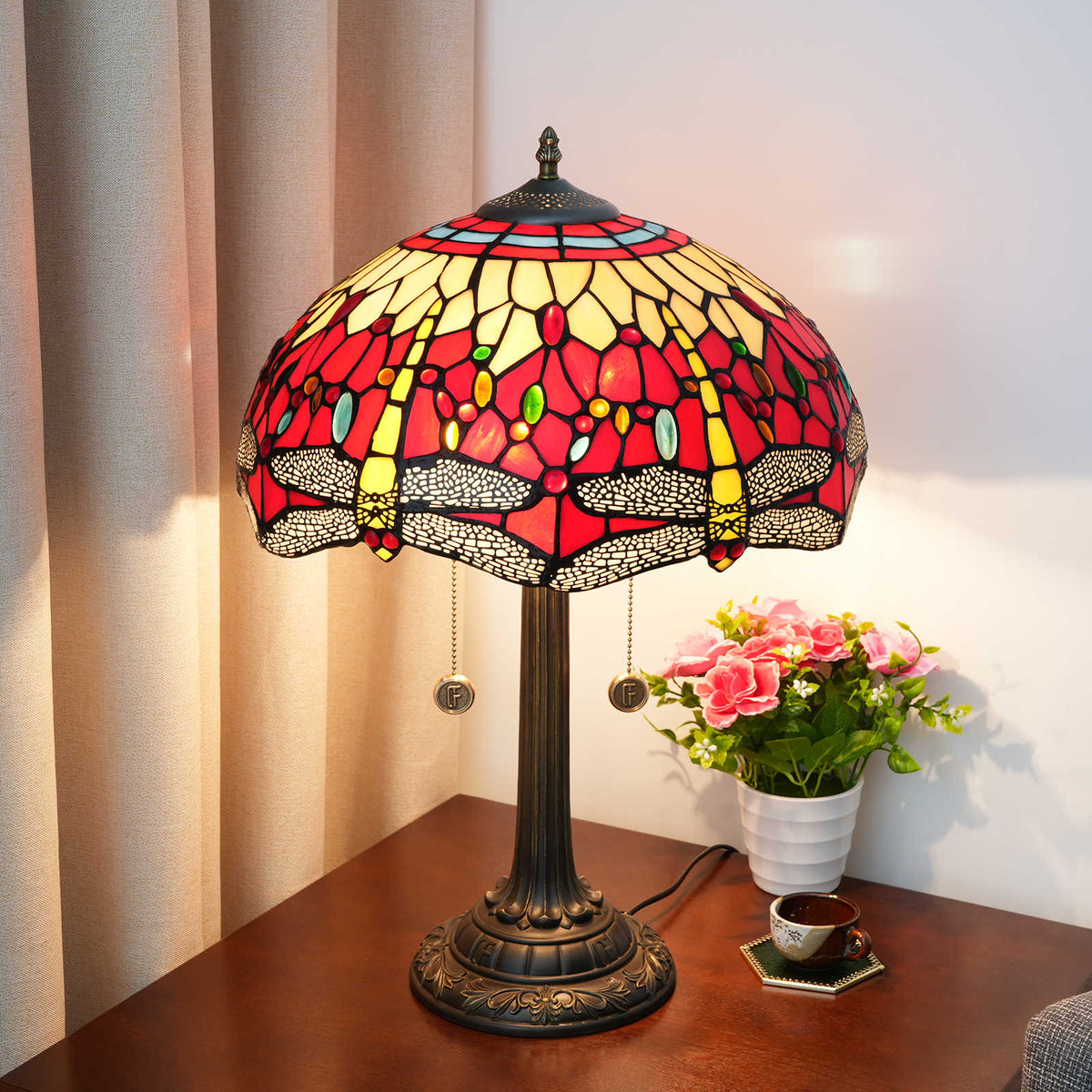 Tiffany Stained Glass Table Lamp with Dragonflies