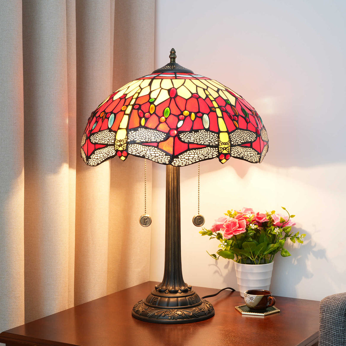 Tiffany Stained Glass Table Lamp with Dragonflies