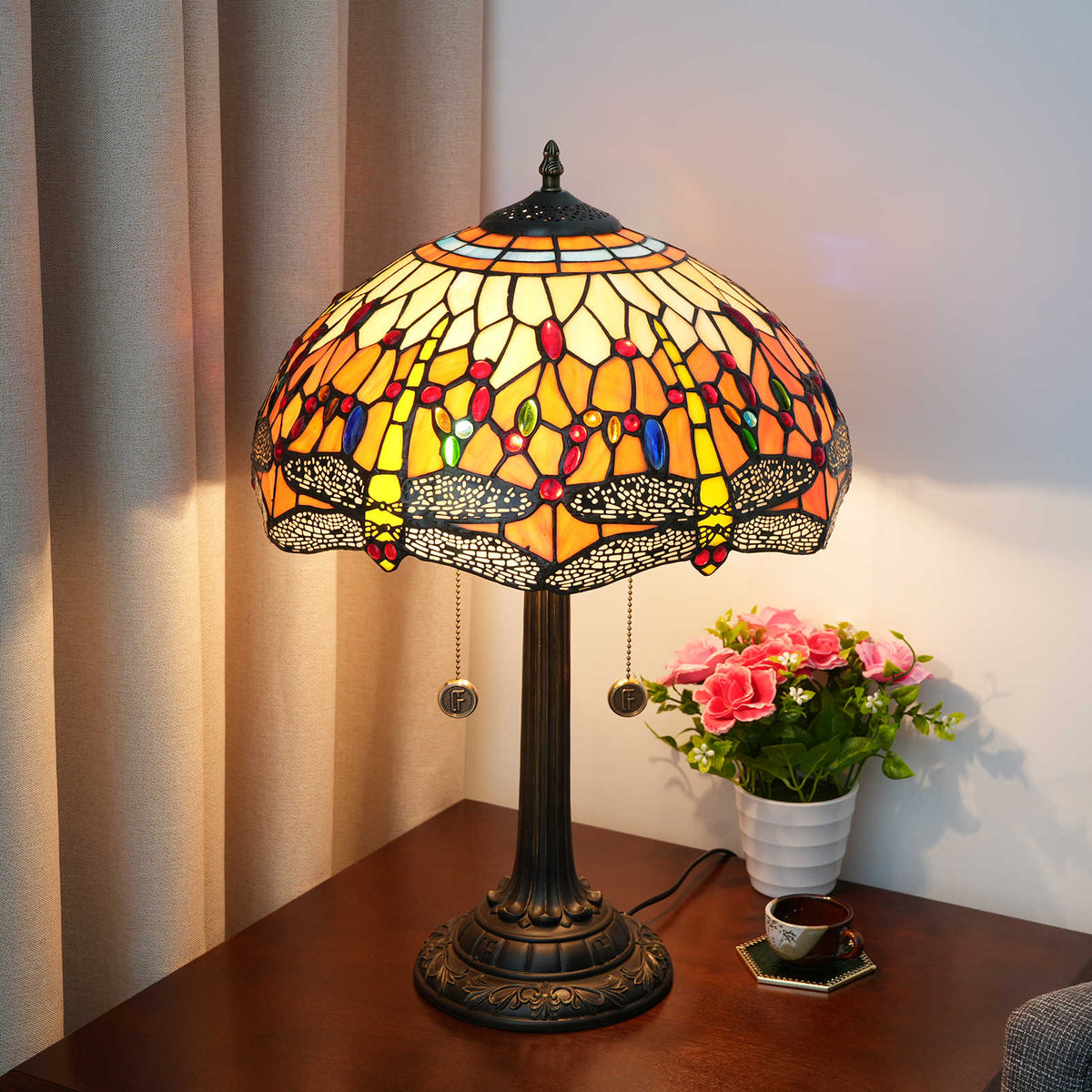 Tiffany Style Stained Glass Table Lamp with Dragonflies