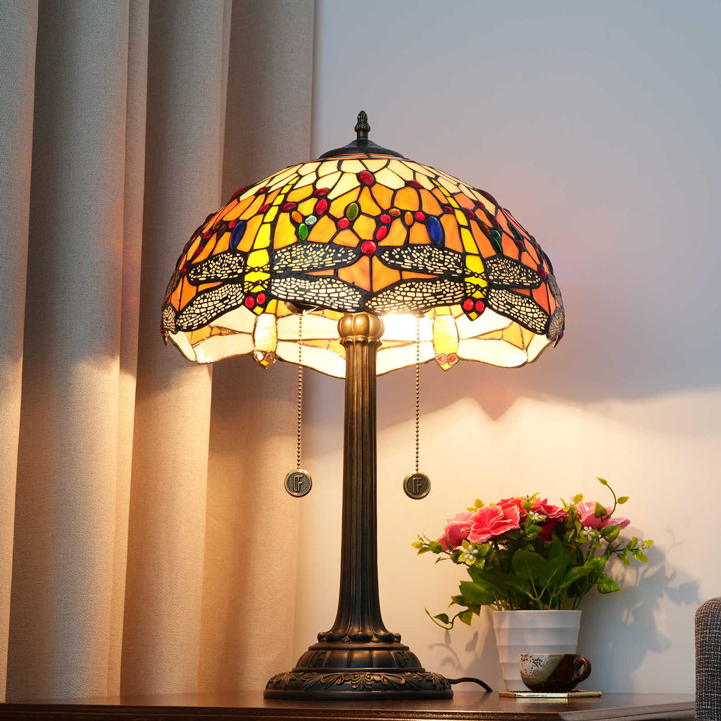 Tiffany Style Stained Glass Table Lamp with Dragonflies
