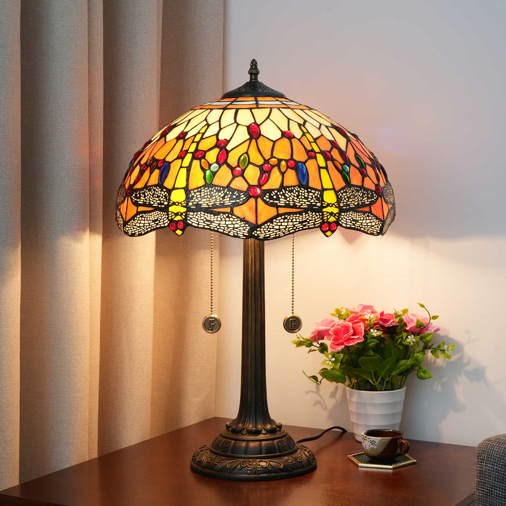 Tiffany Style Stained Glass Table Lamp with Dragonflies