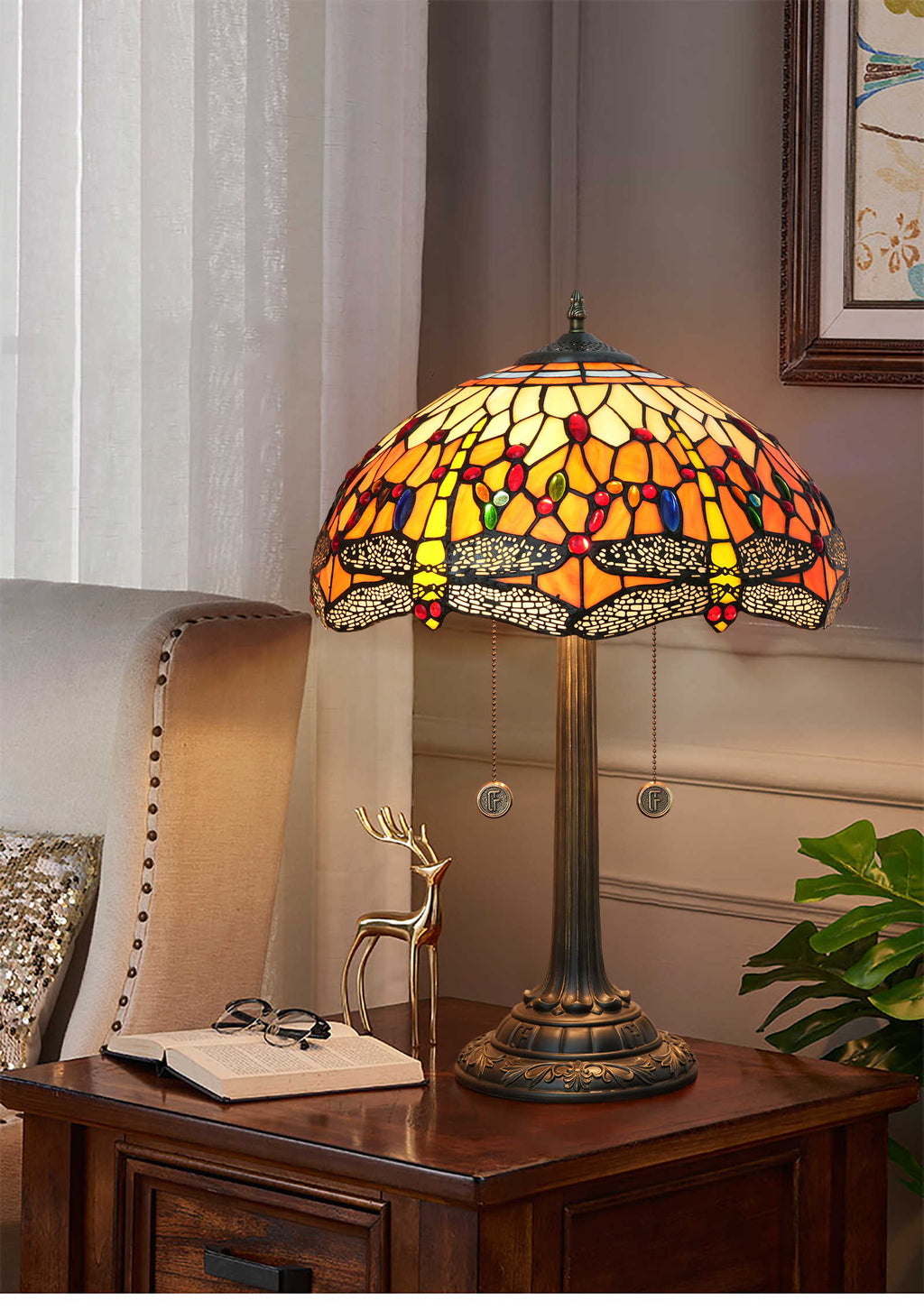 Tiffany Style Stained Glass Table Lamp with Dragonflies