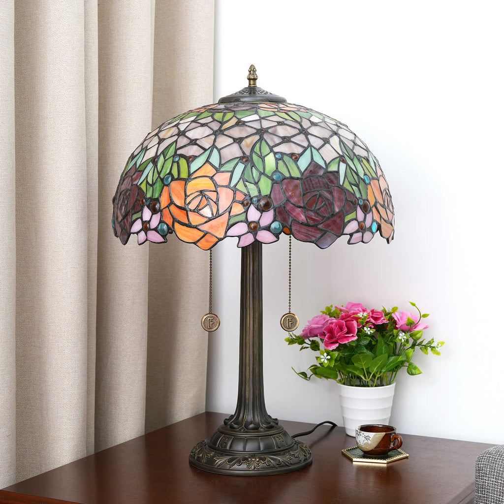 Tiffany Stained Glass Table Lamp with Roses