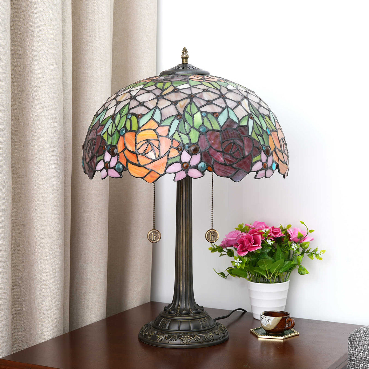 Tiffany Stained Glass Table Lamp with Roses