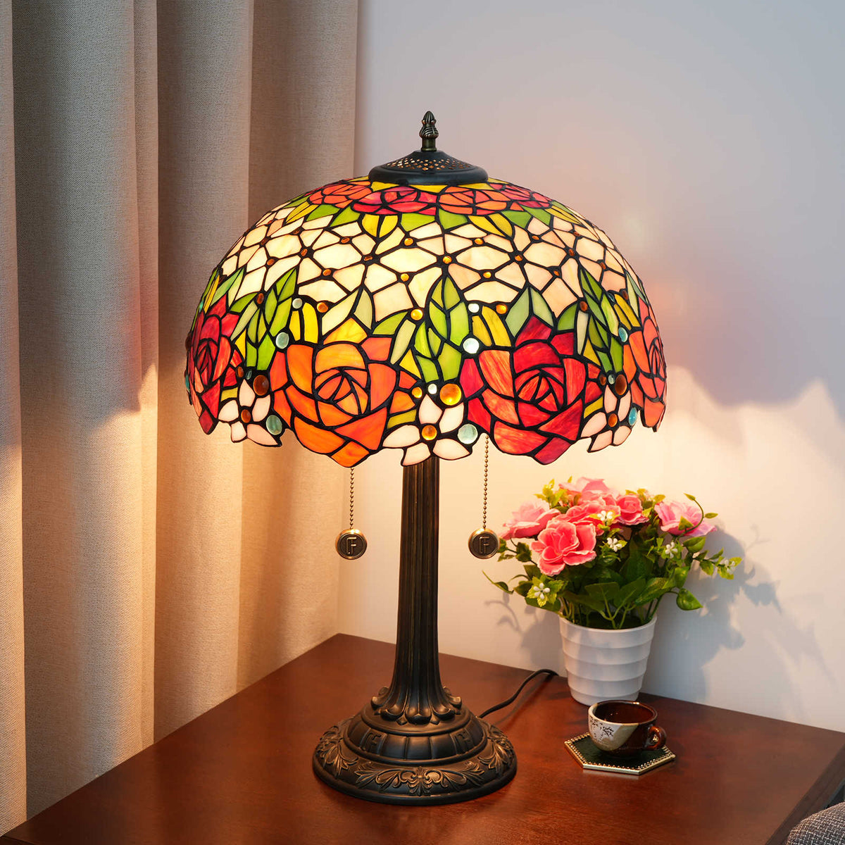 Tiffany Stained Glass Table Lamp with Roses