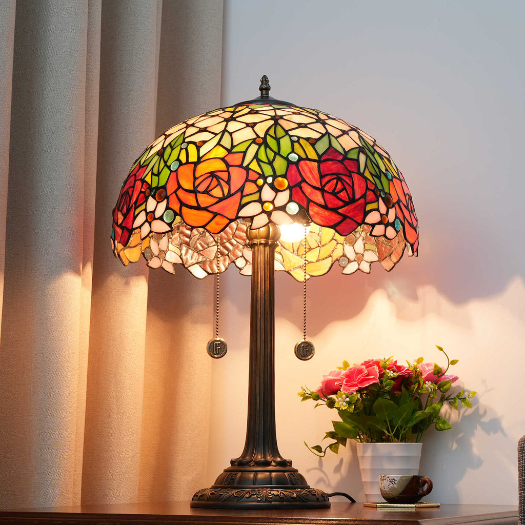 Tiffany Stained Glass Table Lamp with Roses