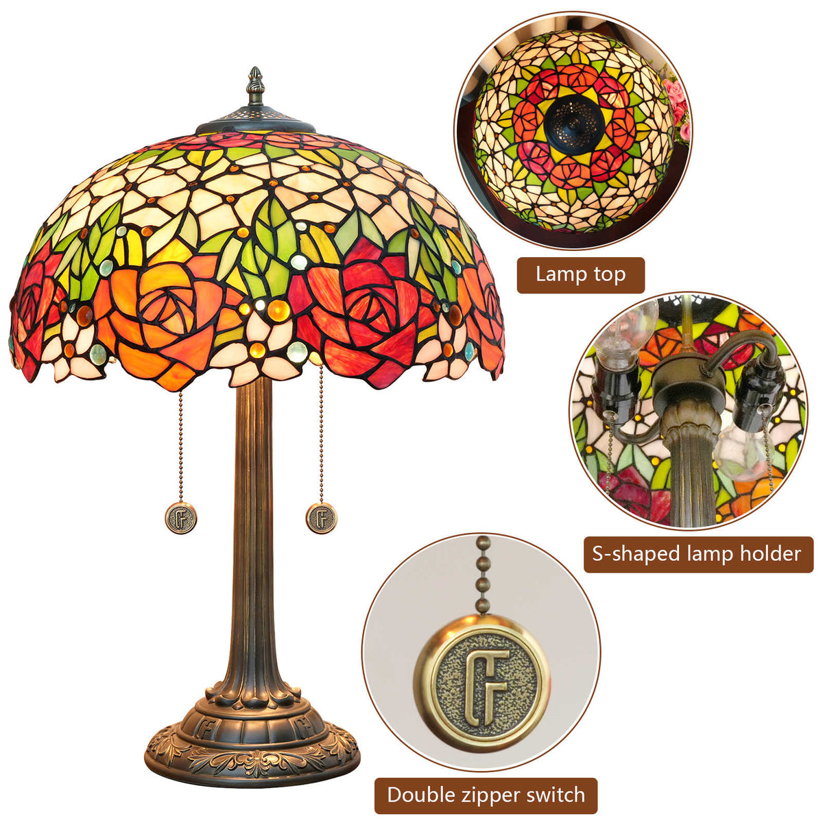 Tiffany Stained Glass Table Lamp with Roses