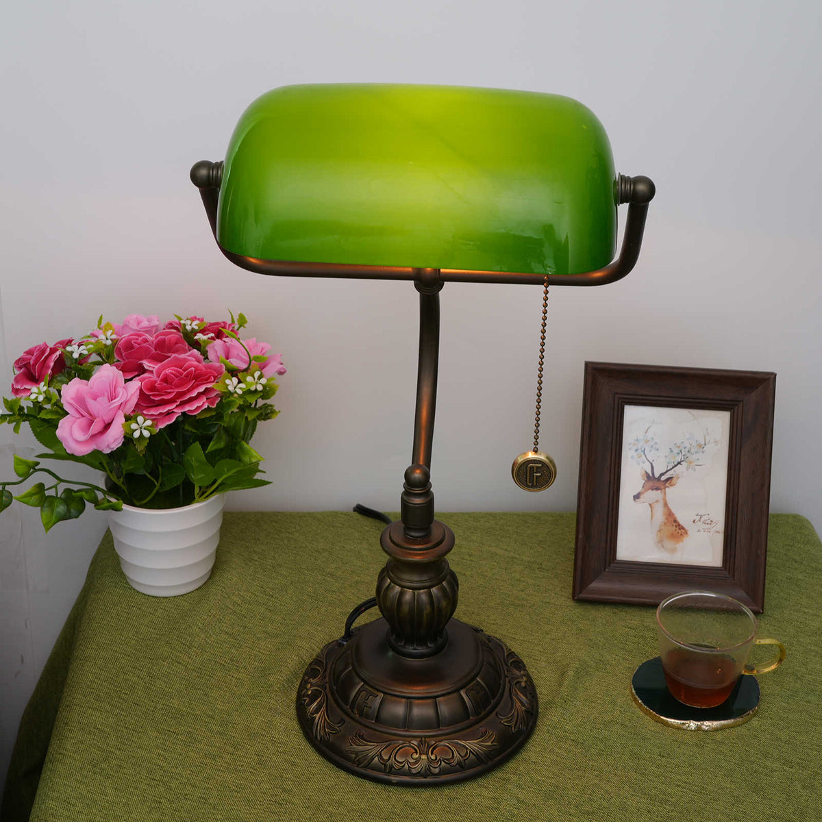 Emerald Green Antique Bronze Banker's Lamp