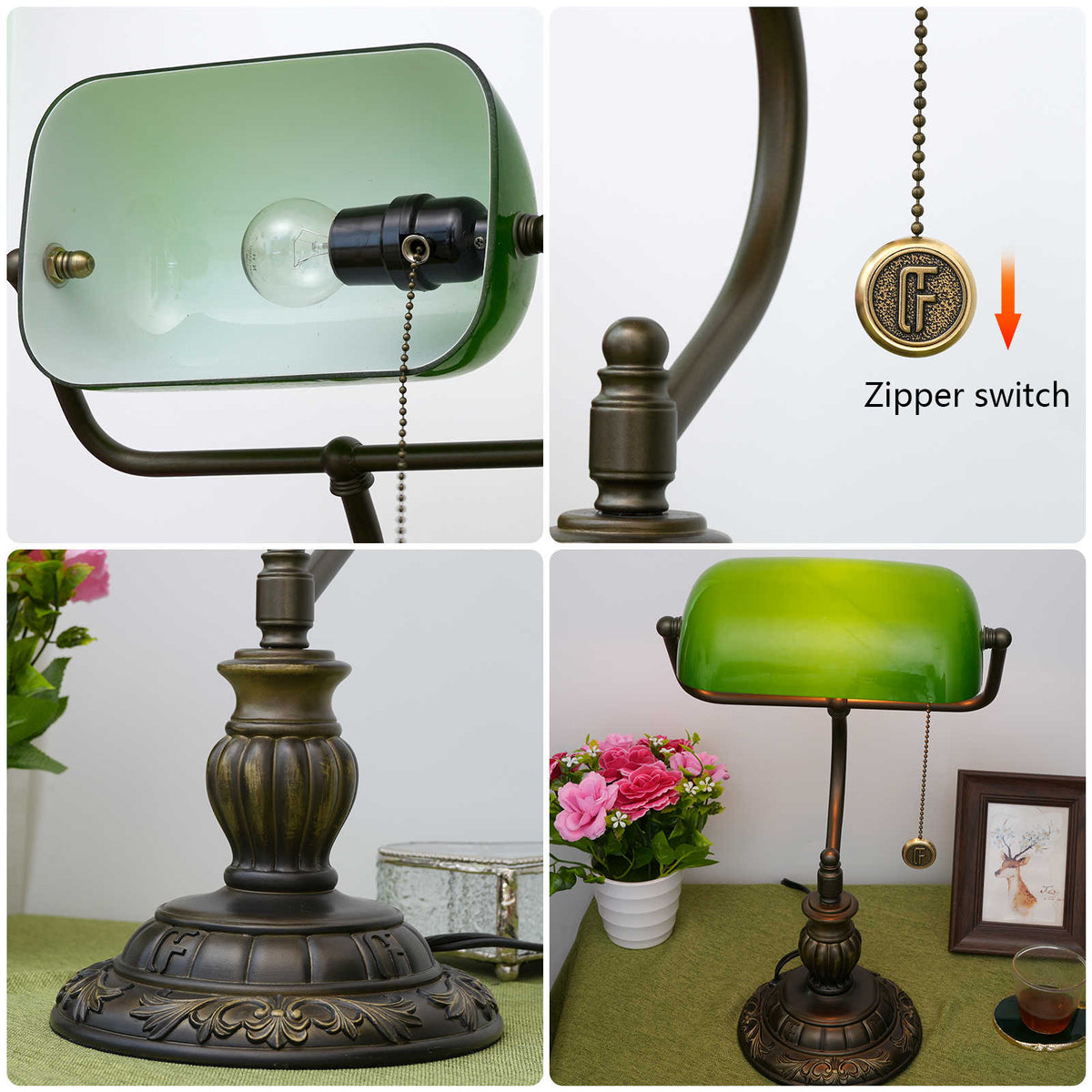 Emerald Green Antique Bronze Banker's Lamp