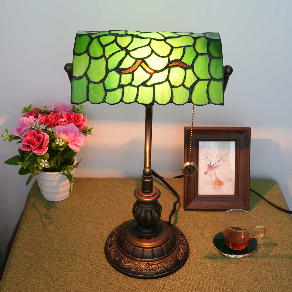 Tiffany Desk Lamp in Green Mosaic Stained Glass