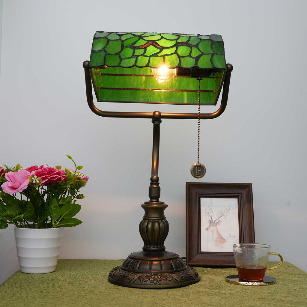 Tiffany Desk Lamp in Green Mosaic Stained Glass