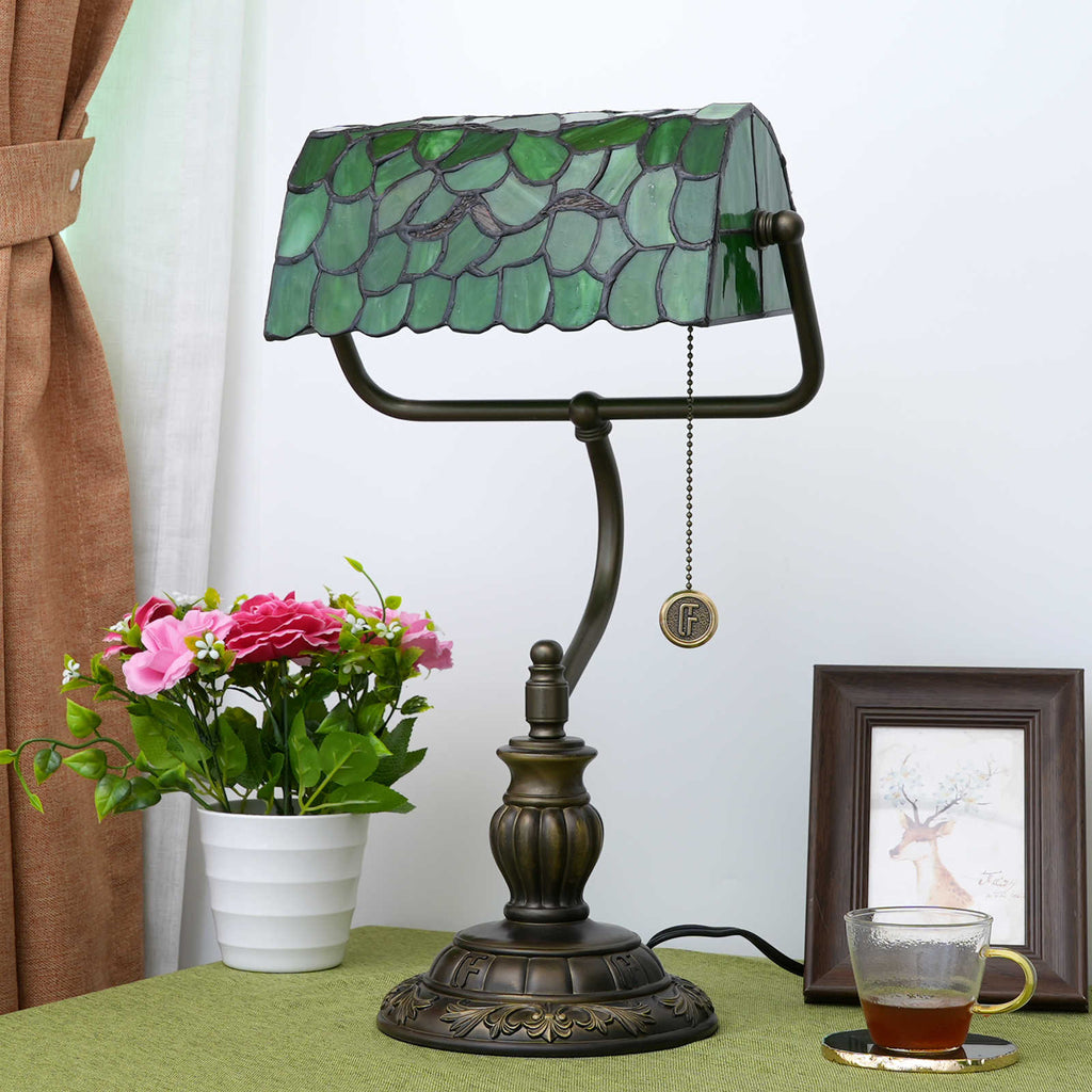 Tiffany Desk Lamp in Green Mosaic Stained Glass