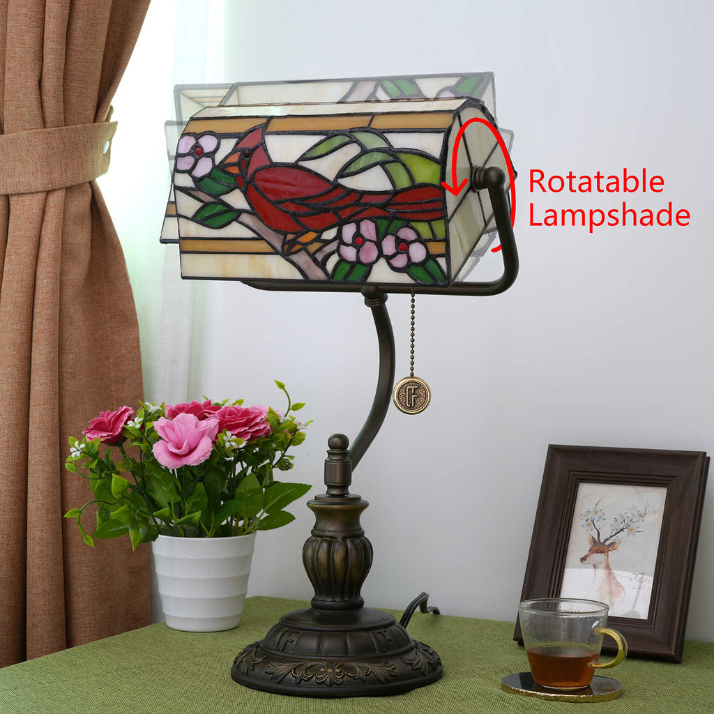 Tiffany Style Desk Lamp with Floral Cardinal Motif