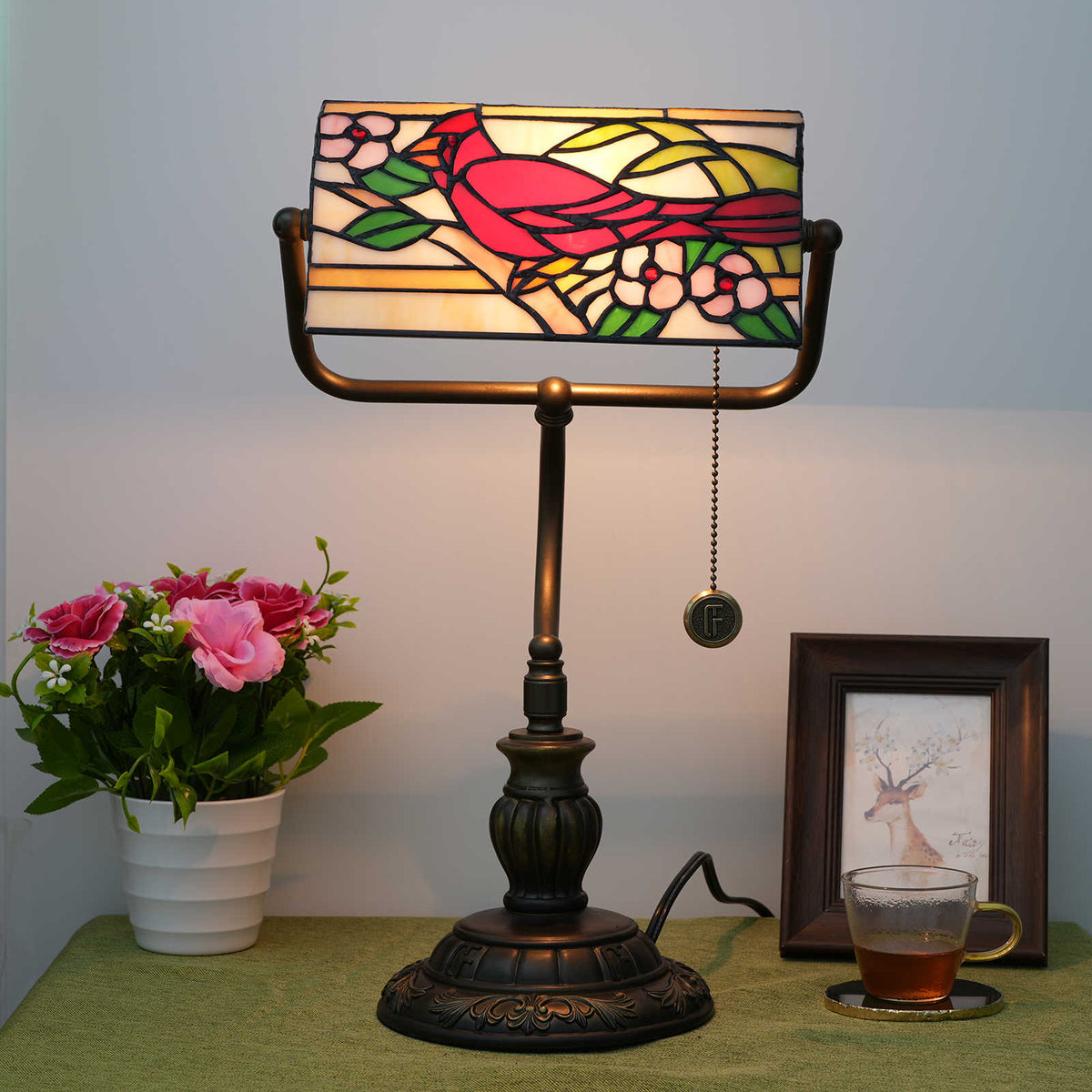 Tiffany Style Desk Lamp with Floral Cardinal Motif