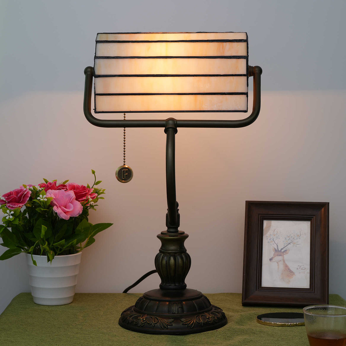 Tiffany Style Desk Lamp with Floral Cardinal Motif