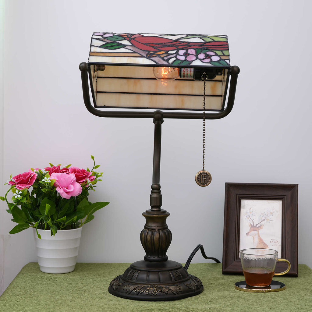 Tiffany Style Desk Lamp with Floral Cardinal Motif