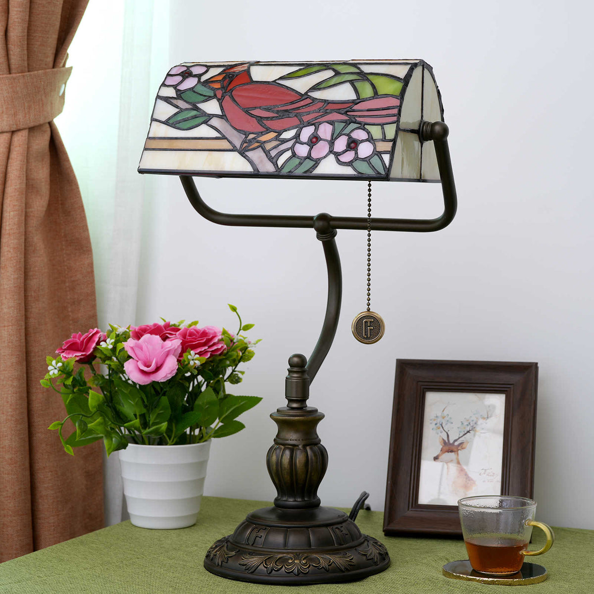 Tiffany Style Desk Lamp with Floral Cardinal Motif