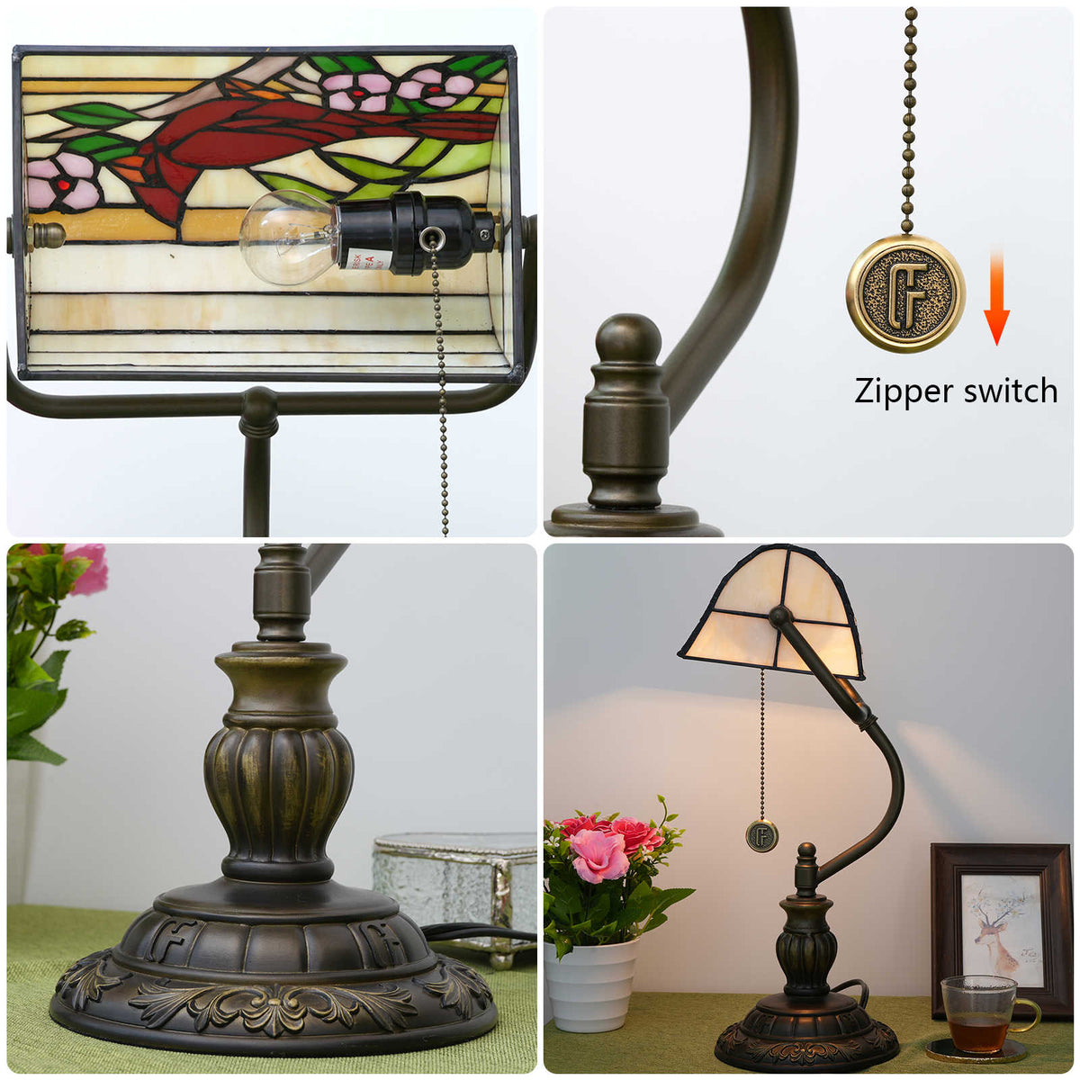 Tiffany Style Desk Lamp with Floral Cardinal Motif