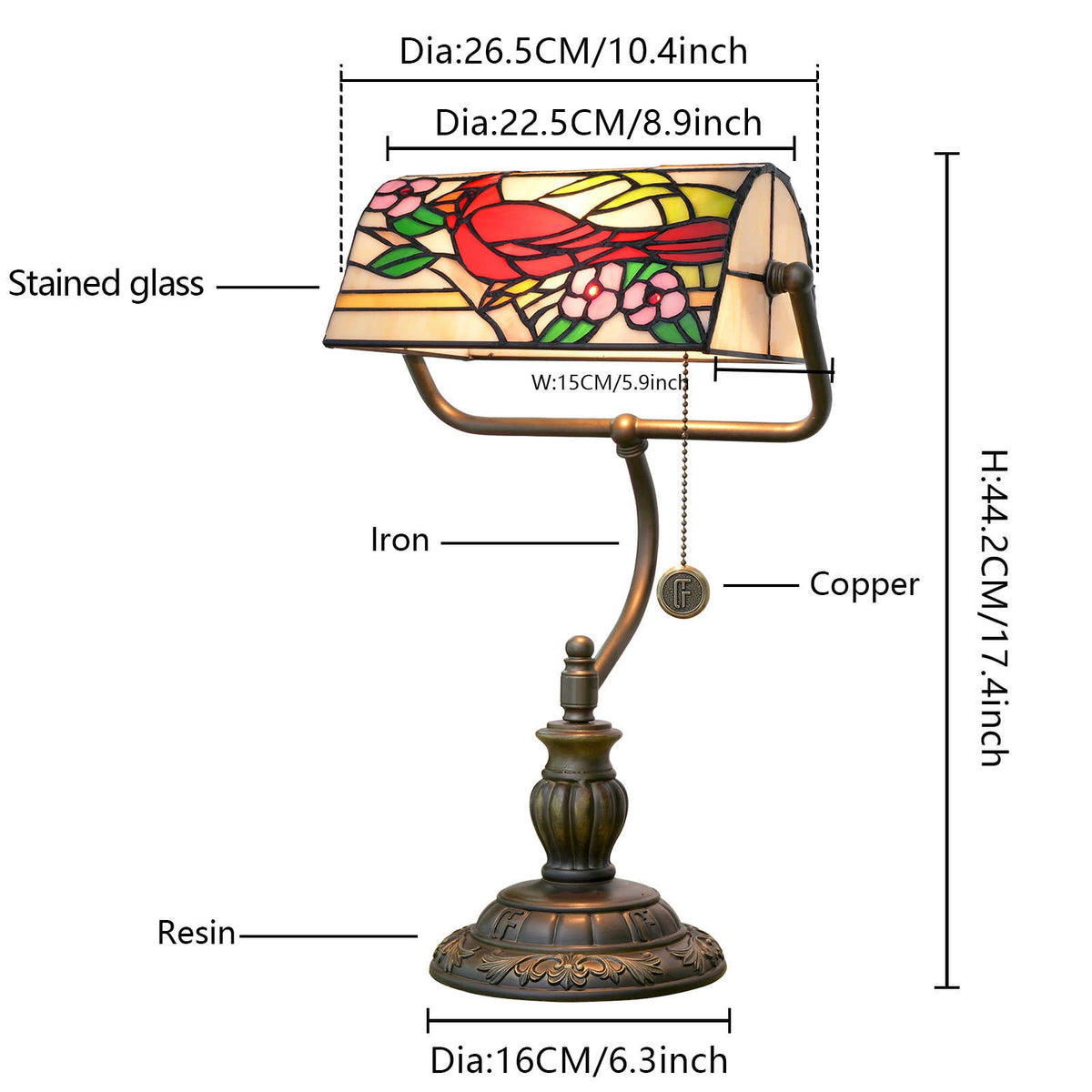 Tiffany Style Desk Lamp with Floral Cardinal Motif