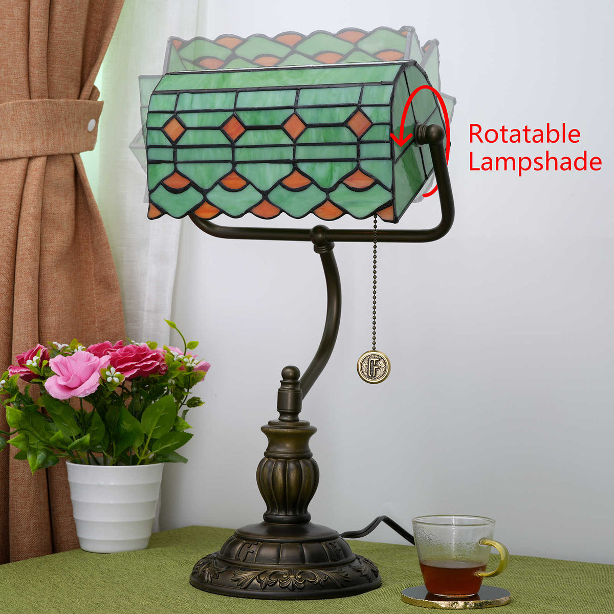 Green and Bronze Stained Glass Banker's Lamp