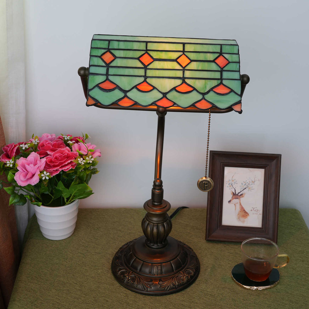 Green and Bronze Stained Glass Banker's Lamp