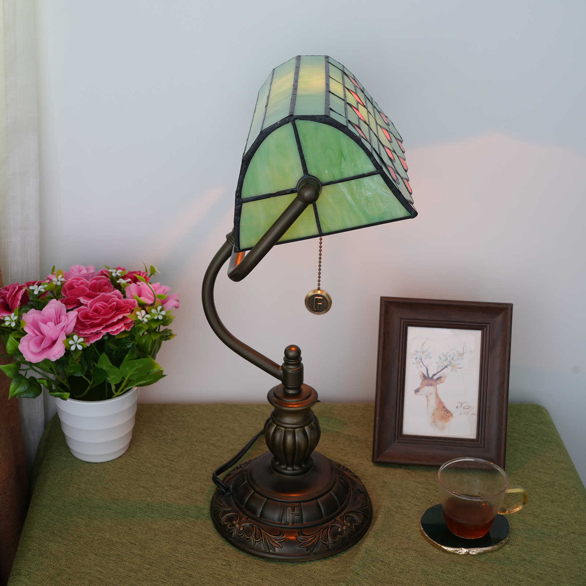 Green and Bronze Stained Glass Banker's Lamp