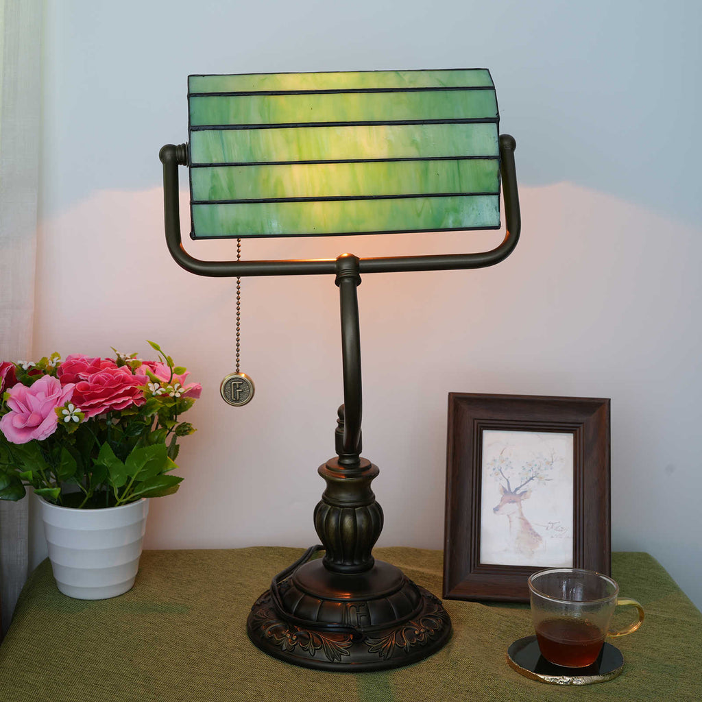 Green and Bronze Stained Glass Banker's Lamp