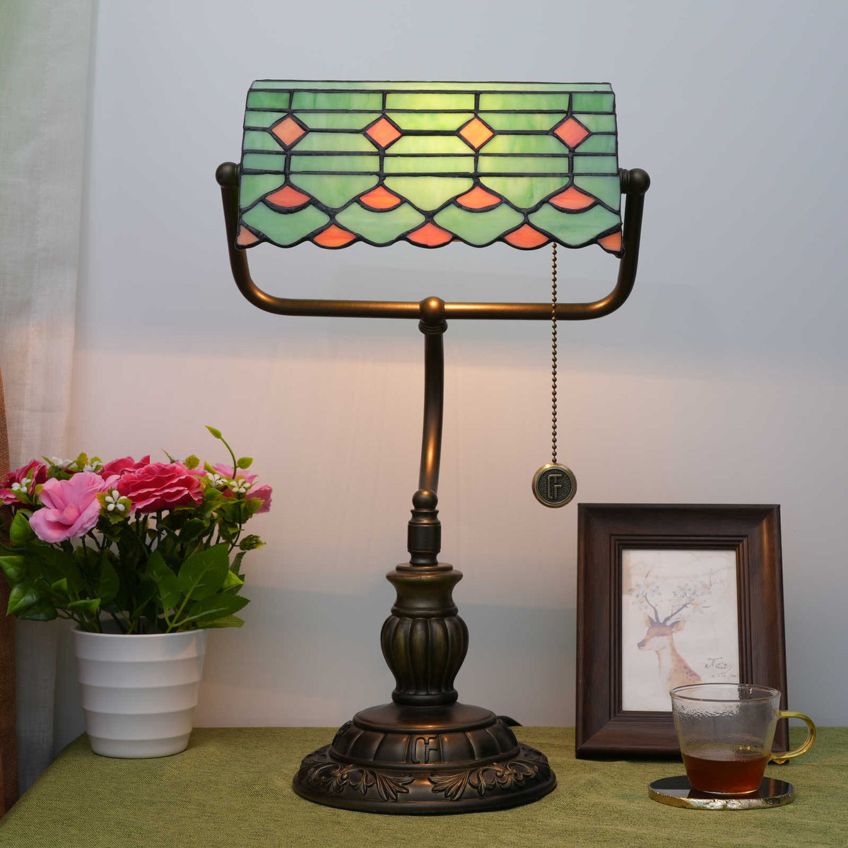 Green and Bronze Stained Glass Banker's Lamp
