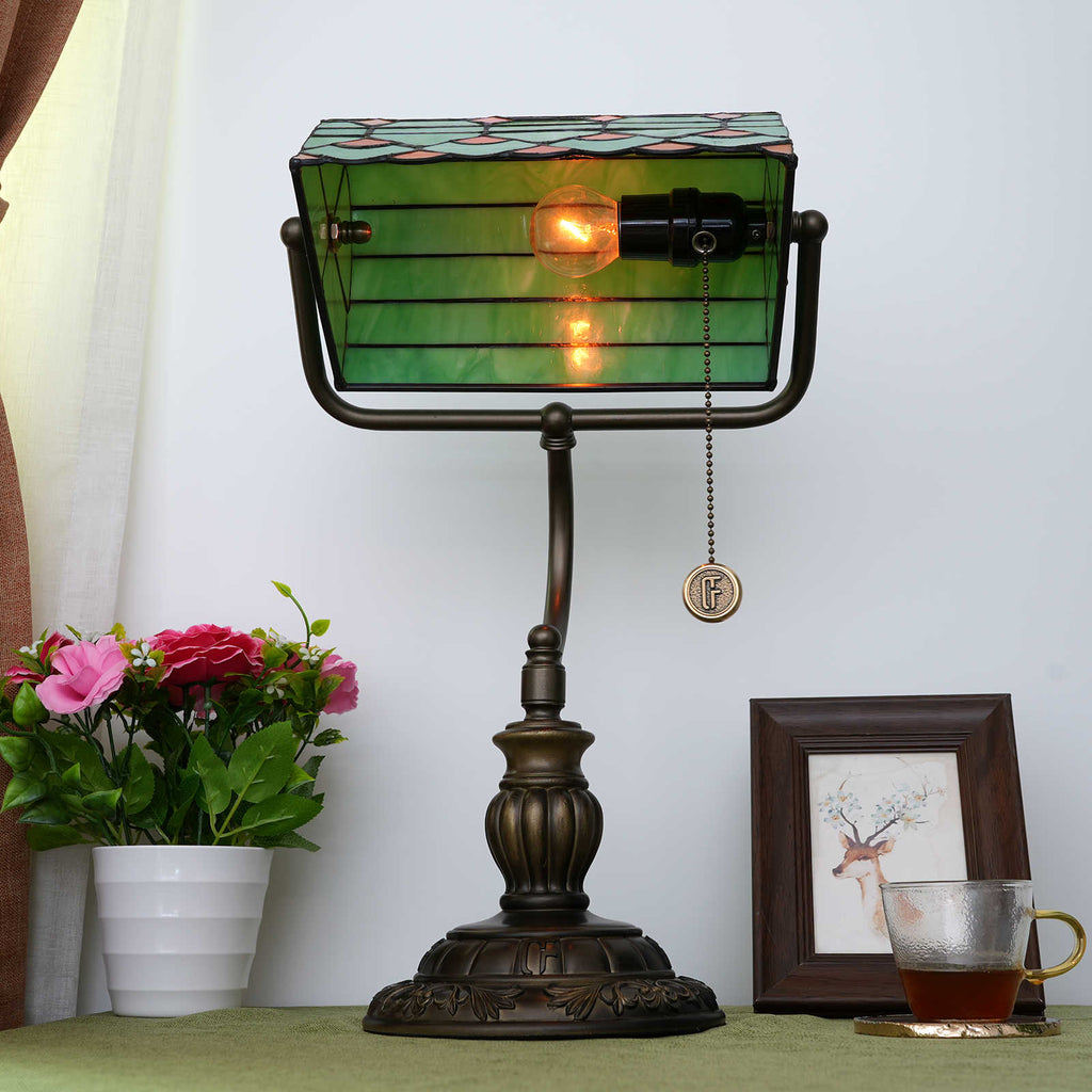 Green and Bronze Stained Glass Banker's Lamp