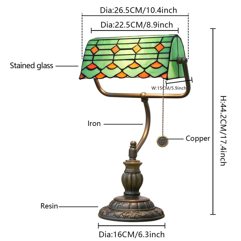 Green and Bronze Stained Glass Banker's Lamp
